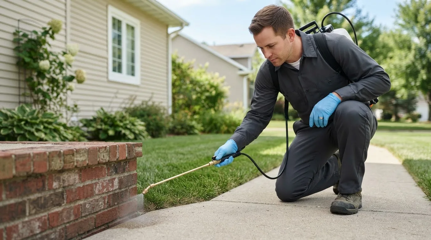 Pest control technician treating a home near Clymer, NY